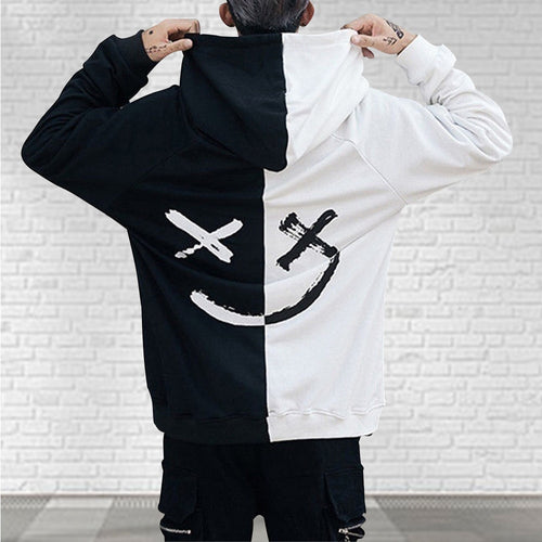 Men Hoodies Sweatshirts Happy Smiling Face Print Headwear Hoodie Mens Patchwork Hoodies Hip Hop Streetwear Hooded Pullover