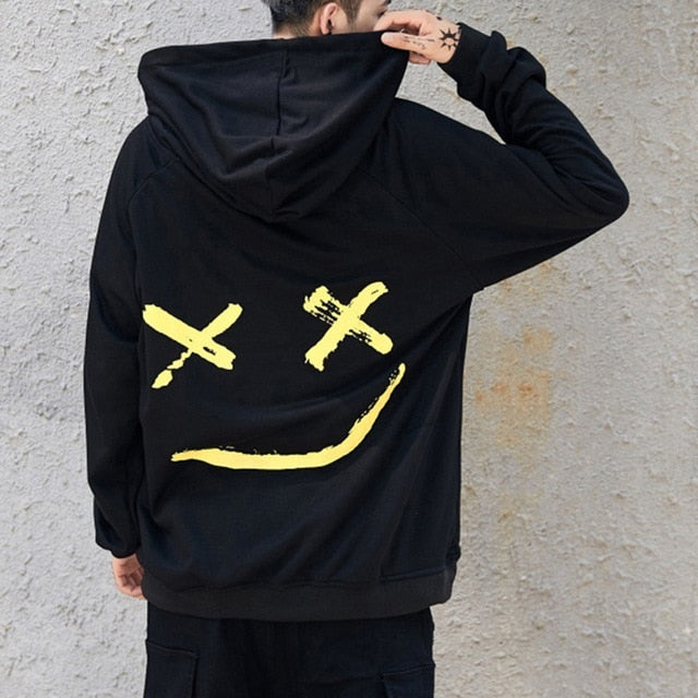 Men Hoodies Sweatshirts Happy Smiling Face Print Headwear Hoodie Mens Patchwork Hoodies Hip Hop Streetwear Hooded Pullover