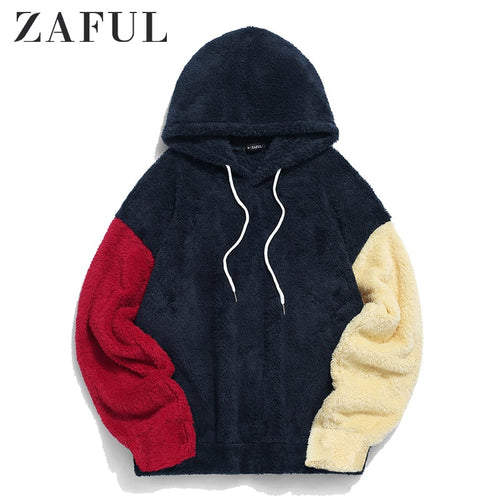 ZAFUL Men'S Hoodies Color-Blocking Splicing Fuzzy Pullover Hoodie Autumn Winter Drawstring Sweatshirts Streetwear Men Color Tops