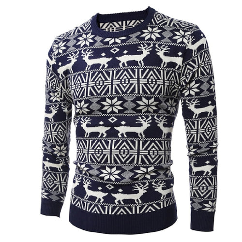 Loldeal Men's O Neck Deer Printed Sweater Fashion Christmas Snowflake Sweater Pullover