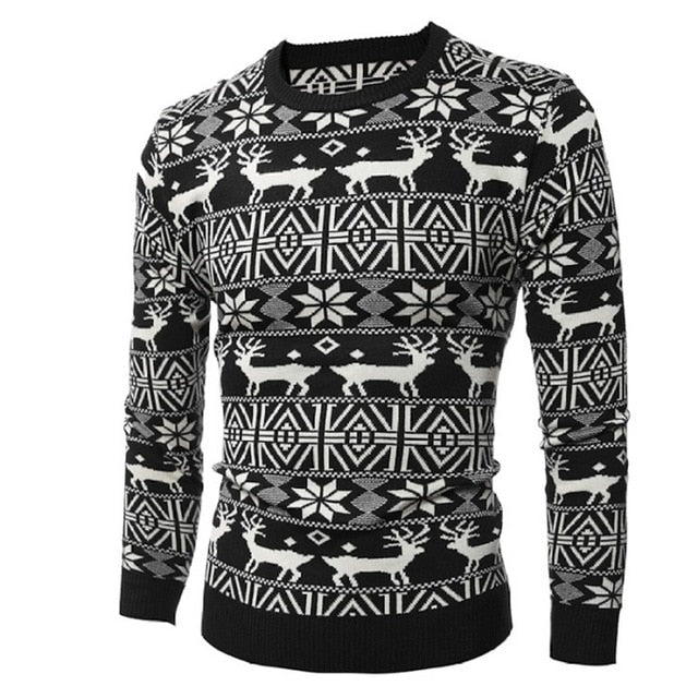 Loldeal Men's O Neck Deer Printed Sweater Fashion Christmas Snowflake Sweater Pullover